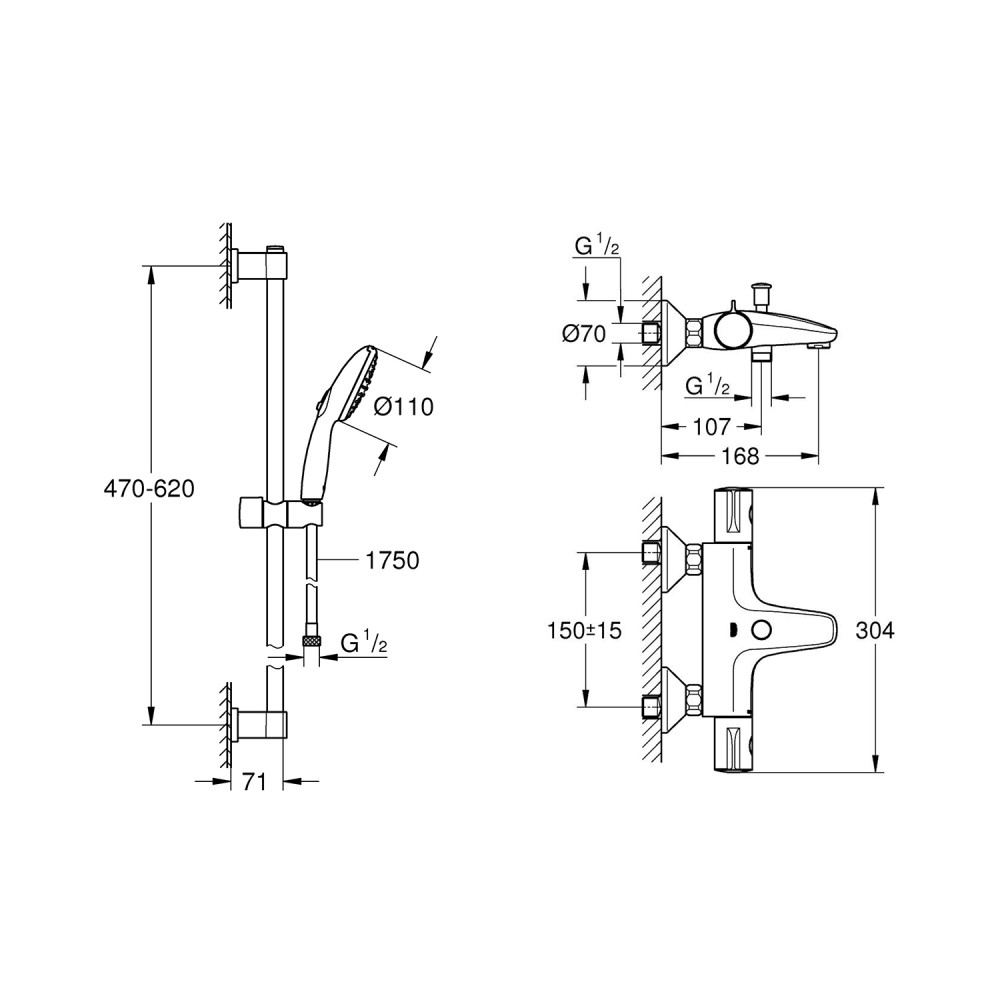 Змішувач для ванни Grohe Grohtherm 800 34567000 з душовим гарнітуром 27948001 (34567001)